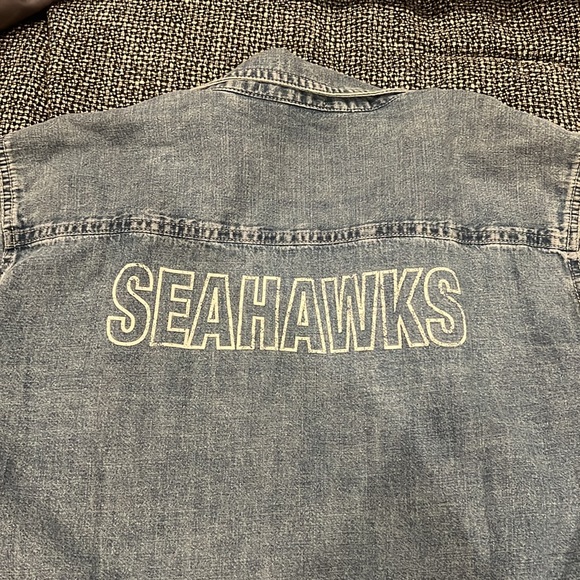 Women's WEAR By Erin Andrews Denim Seattle Seahawks Long Sleeve Button-Up Shirt - Picture 2 of 7